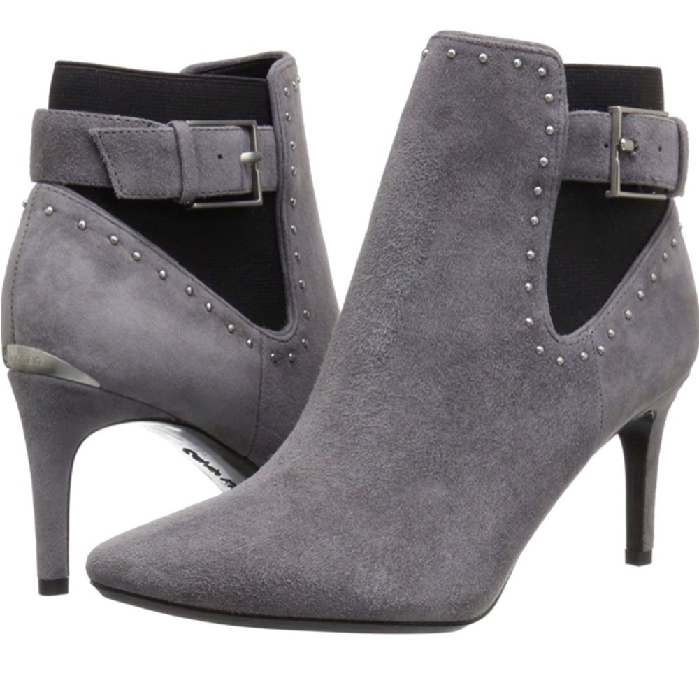 CALVIN KLEIN NWOT JOZIE SUEDE ANKLE BOOTIE ACCENT SILVER STUDS/BUCKLE SUPER SEXY